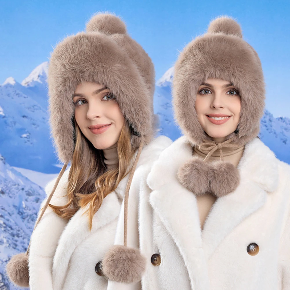 

HT4497 Autumn Winter Beanie Hats for Women Cute Three Fur Pompoms Ski Earflap Cap Ladies Knitted Russian Fur Hat Female Ushanka