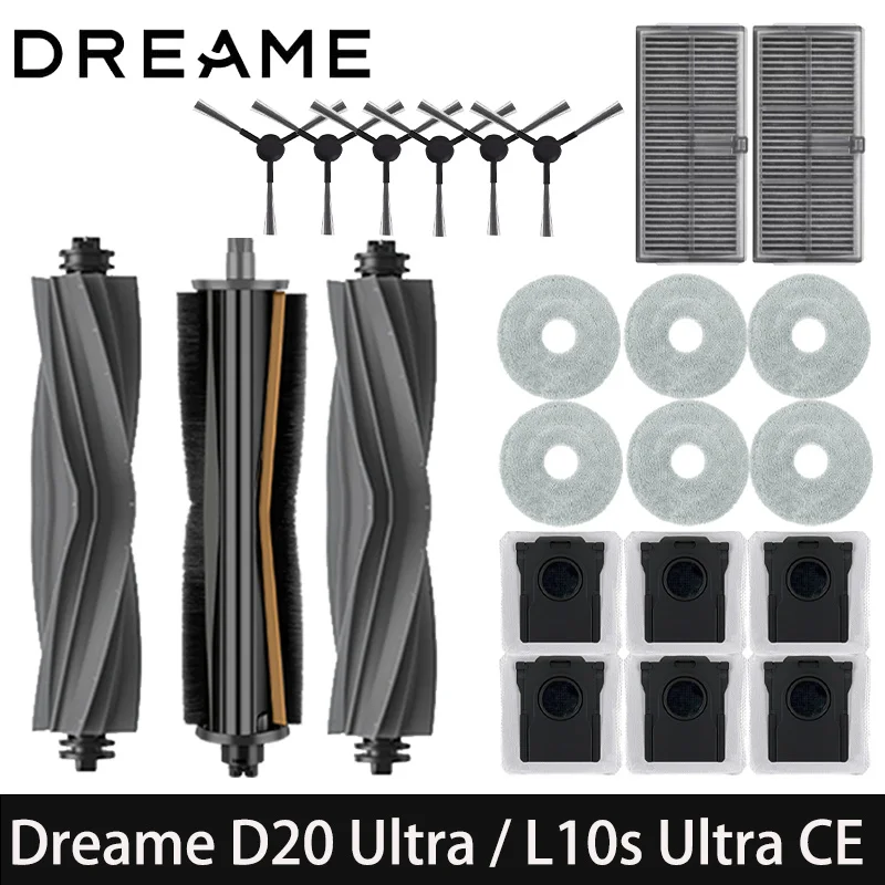 Accessoires pour aspirateur robot Dreame D20 Ultra / L10s Ultra CE : brosse principale, brosse latérale, chiffon de nettoyage, filtre HEPA, sac à poussière, pièces de rechange