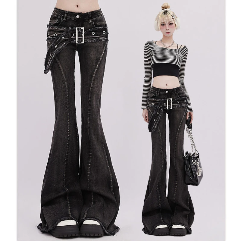 

New retro micro-flare women jeans ins fashionable streetwear hot girl style belt bristled design slim straight pants