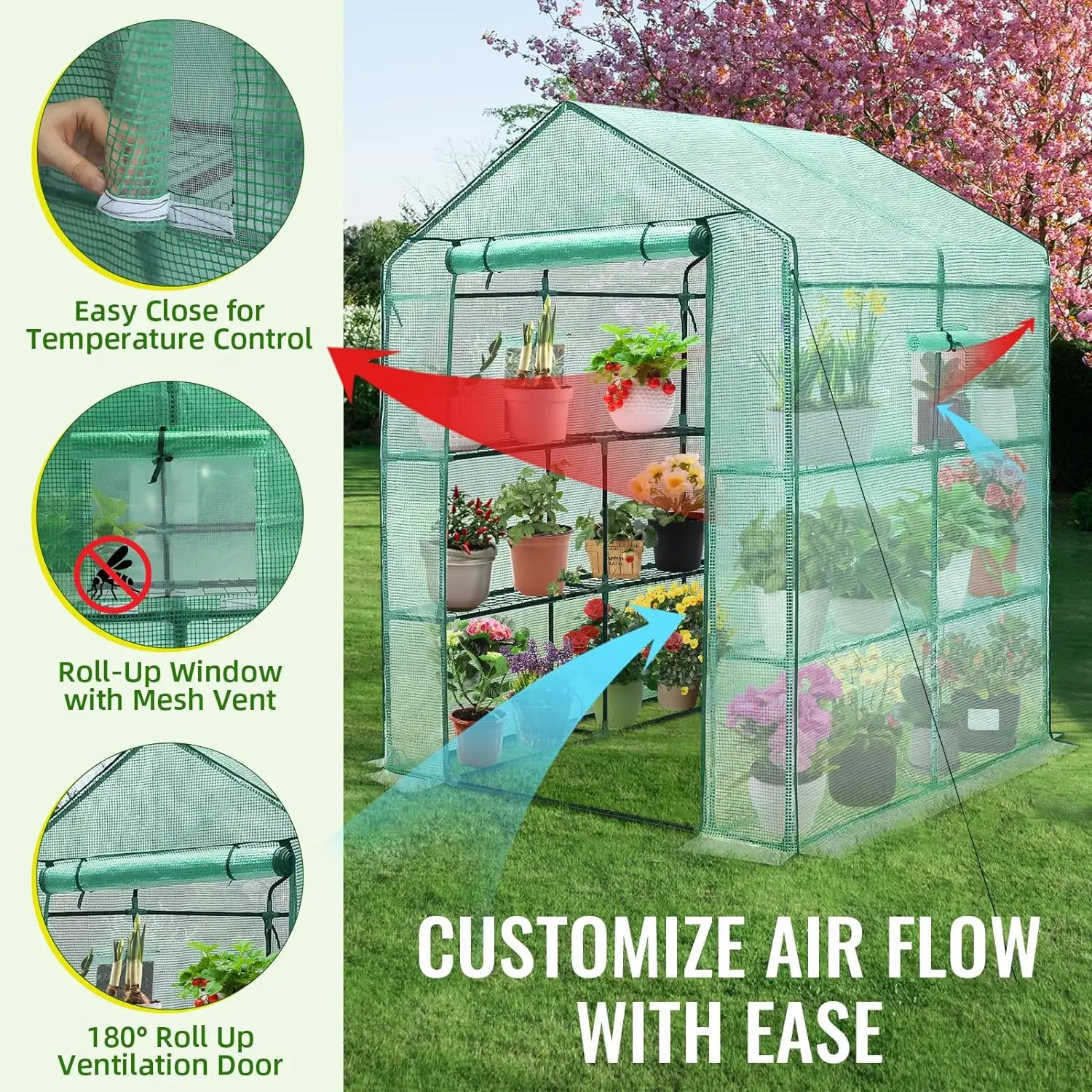 Greenhouse,Outdoors, Durable Green House Kit with Window,3 Tiers 8 Shelves, Heavy Duty Walk in Green Houses for Backyard Outside