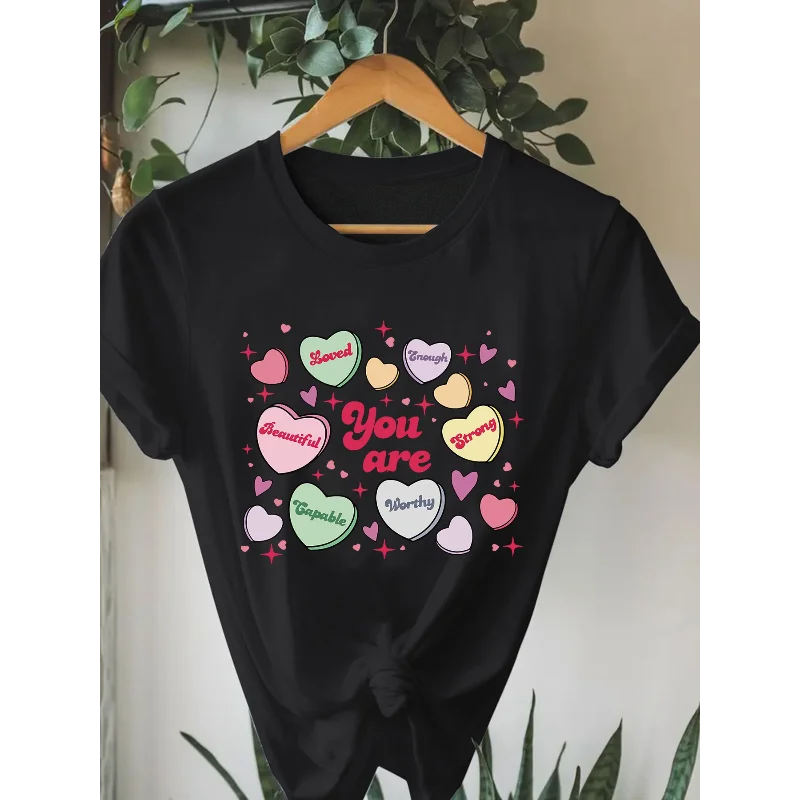 

Cotton 100% Valentine's Day Heart-shaped Printed T-shirt, Short-sleeved Round-neck Casual Top Graphic T Shirts Women Clothing