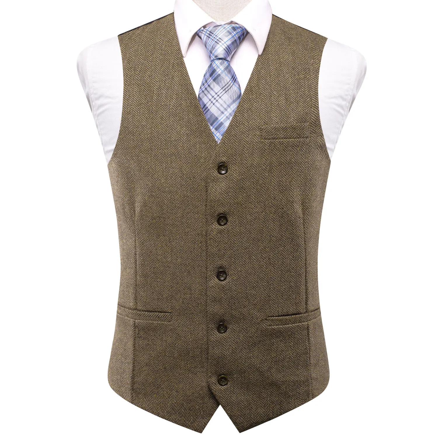 Herren-Anzugweste mit V-Ausschnitt in Braun und Grün mit Fischgrätenmuster, Einzelstück, Accessoires nicht enthalten, geeignet für Hochzeiten und Abendveranstaltungen. – Detail 3