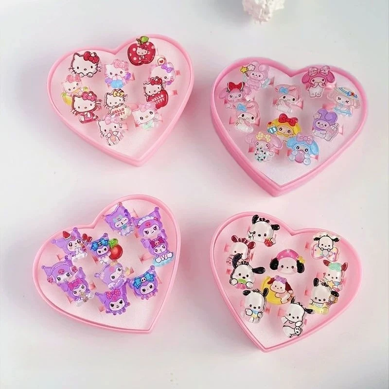 10Pcs Sanrio Hello Kitty Melody Adjustable Kuromi Cartoon Princess Girl Rings with Box Birthday Party Supplies Best Friend Gifts