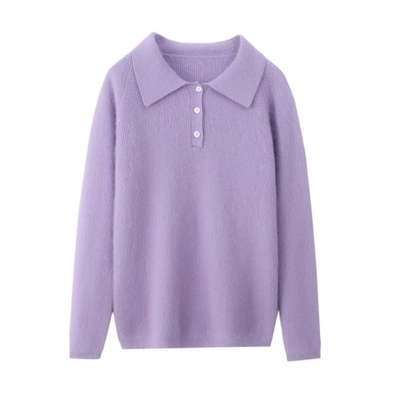 2025 ผู้หญิง 100% Mink Cashmere Sweatetrฤดูใบไม้ร่วงฤดูหนาวTurn-Down Collarปุ่มเสื้อถักPulloverนุ่มแขนยาวเสื้อผ้า