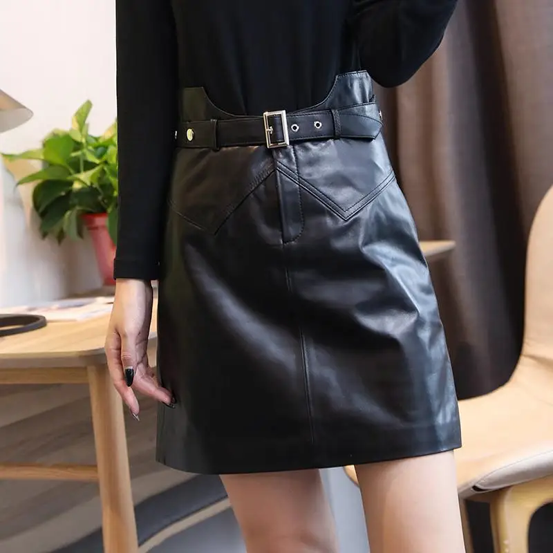 

Women Mini Skirt Solid Color High Waist Regular Fit Real Leather Cozy Commuter Bodycon Asymmetrical Streetwear T769