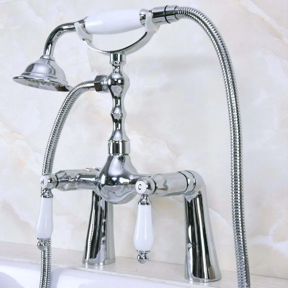 

Polished Chrome Brass Double Handle Deck Mount Bathroom Bath Tub Faucet Set 1.5M Hose Hand Held Shower Spray Mixer Tap 2na119