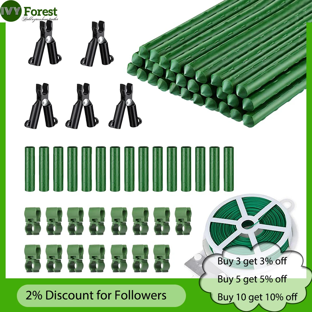 Garden Stakes Set for Plant Support, 15 Connectors, 15 Rotatable Clips, 5 A-Type Connecting Pipe, 30 m Twist Tie