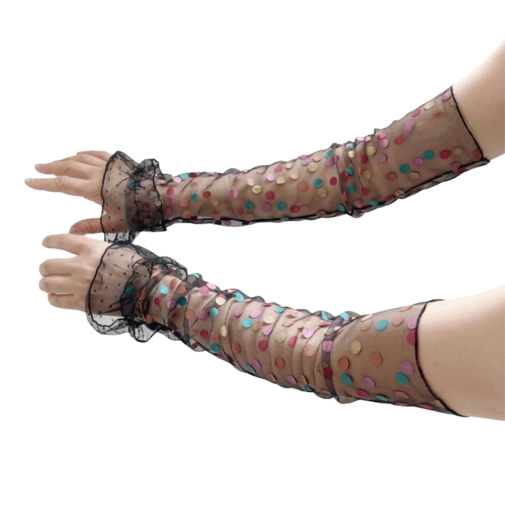 Breathable Lolita Arm Sleeves Polka Dot Pattern Bow Long Fingerless Gloves Transparent Arm Protection Bridal Gloves