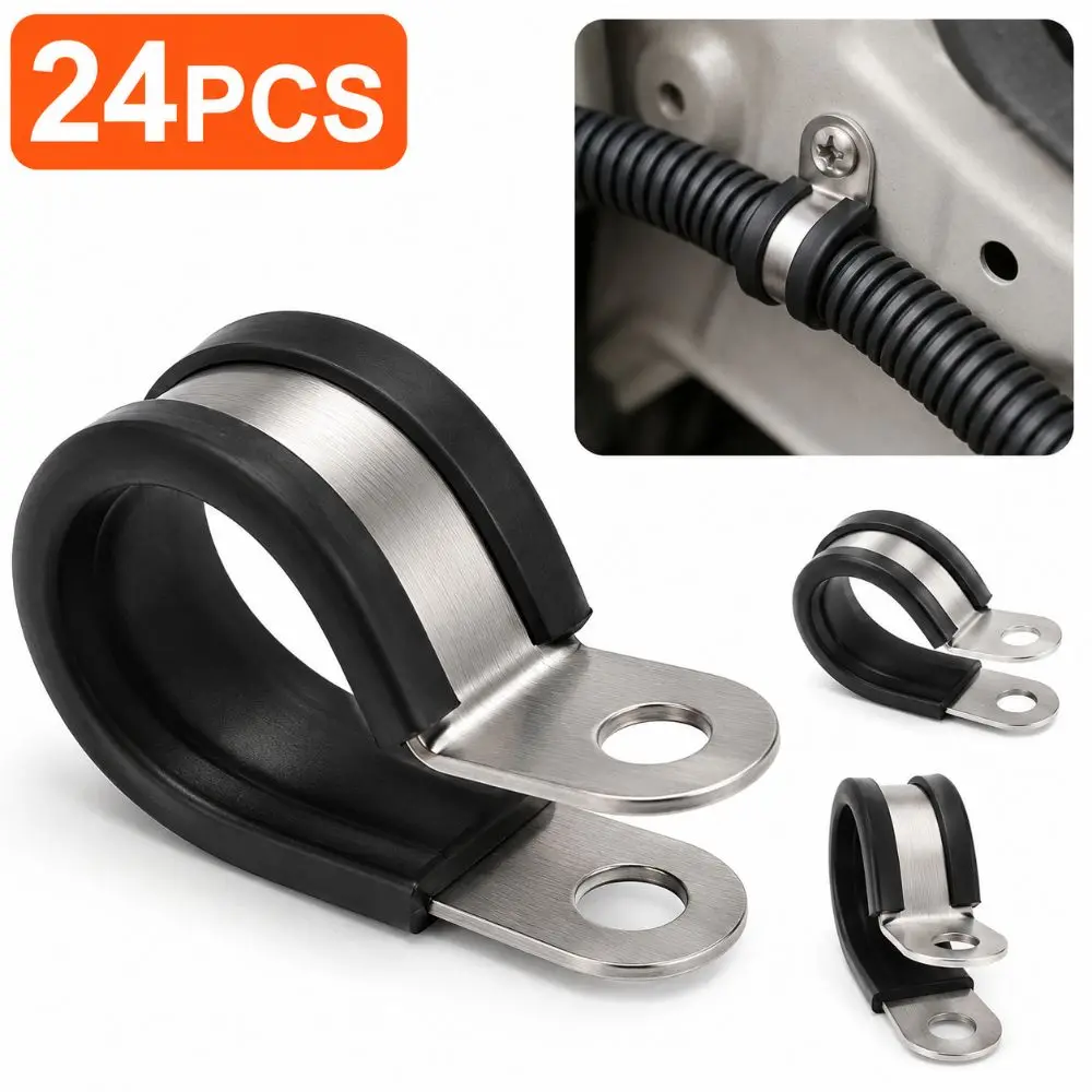 24PCS 3/4 Inch 19mm Cable Clamp Stainless Steel Insulated Wire Management Rubber Cushioned Tube Holder