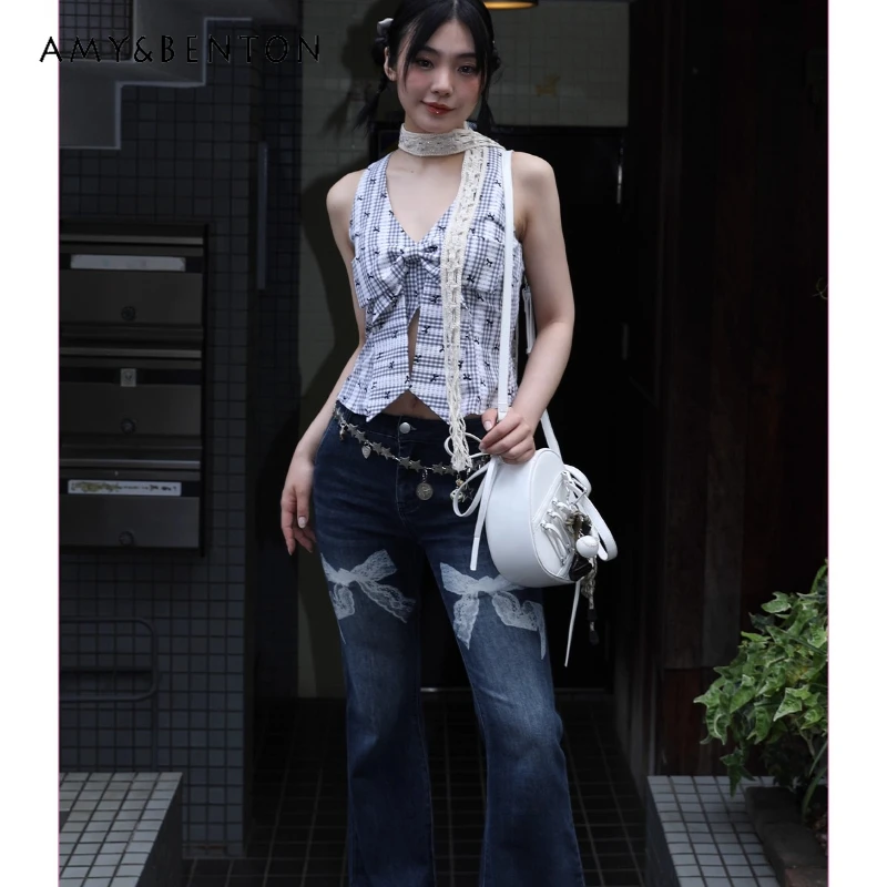 

American Retro Versatile Black Bow Print Women's Flared Pants Original Design 2025 Summer New Slimming Versatile Jeans Ladies