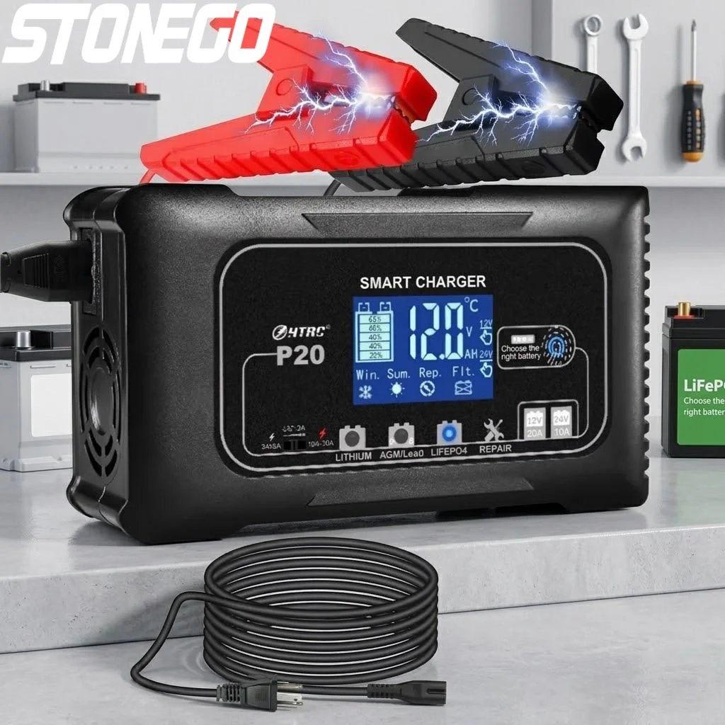 

12V 24V 20A LCD Pulse Battery Charger for ATV Motorcycle Lead Acid AGM Gel Lithium Batteries High Efficiency Fast Charging