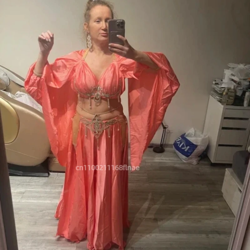 벨리댄스 공연 의상 세트 여성용 브라+새틴 스플릿 스타일 롱 스커트 2피스 맞춤형 성인용 오리엔탈 벨리댄스 세트