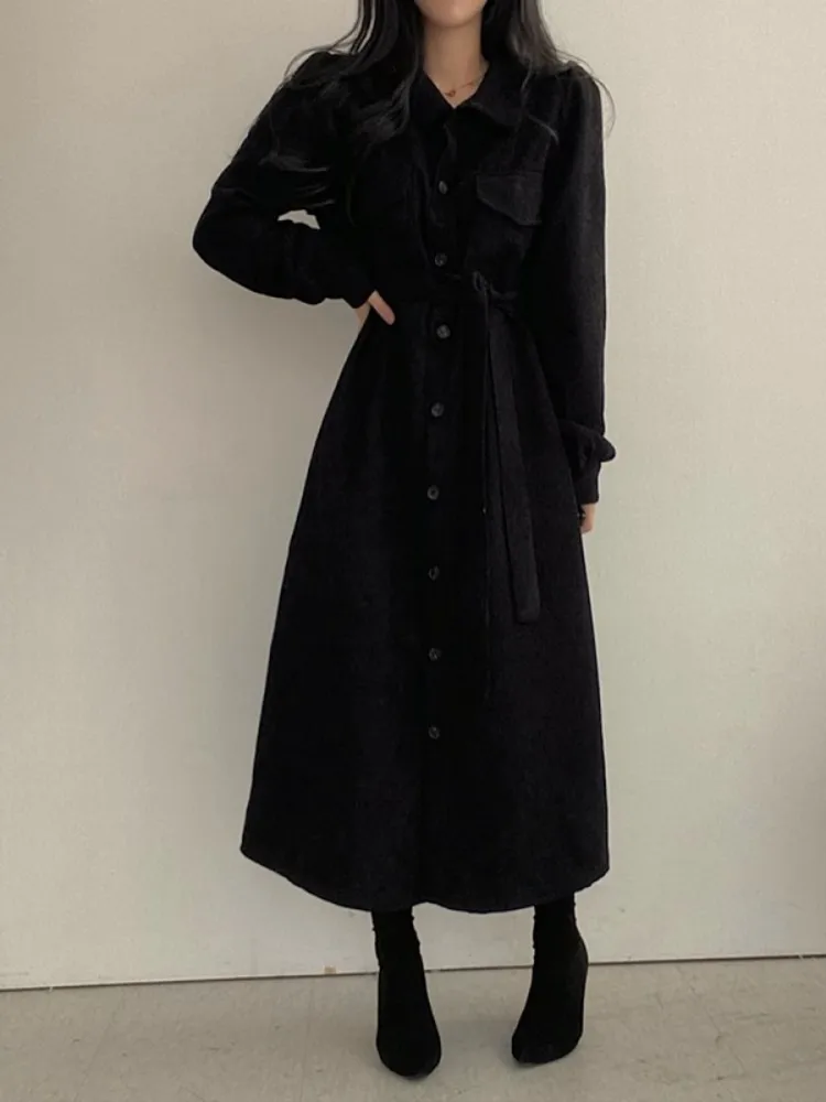 Retro European Style Long Sleeve  Collar Velvet Dress Women's Autumn Winter Belted Long Dress High Waist A-Line Skirt