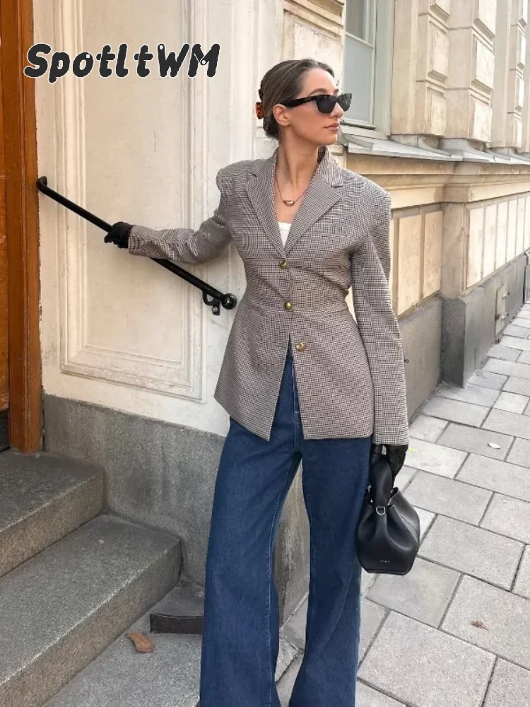 Dames elegante geruite bedrukte revers pendeljassen mode dubbele rij zakken vintage jas 2024 vrouwelijke hoge streetwear nieuw