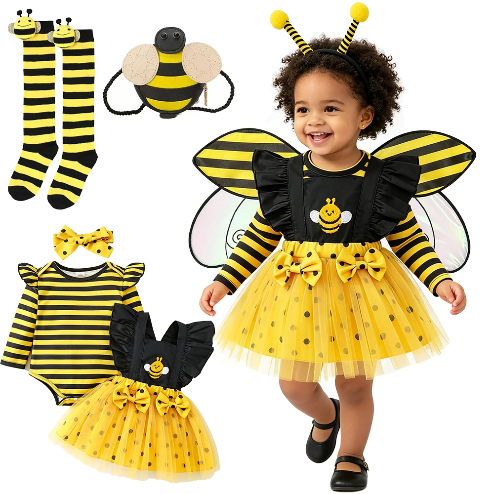 New Baby Girls Bee Costume Yellow Black Striped Romper Polka Dot Tutu Dress for Halloween Newborn Bee Outfit for Birthday Party