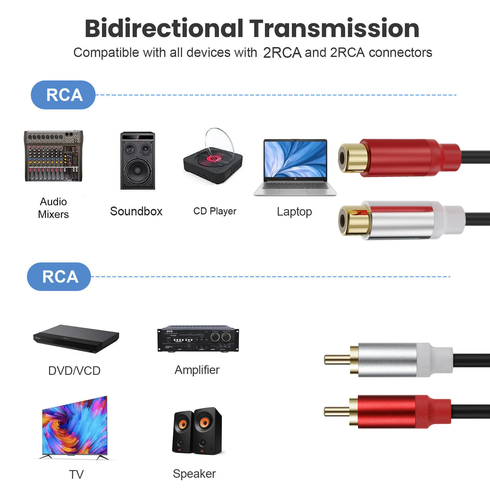 2 przedłużacze RCA, kabel RCA, pozłacana miedź 2 przedłużacz audio stereo RCA męski na żeński