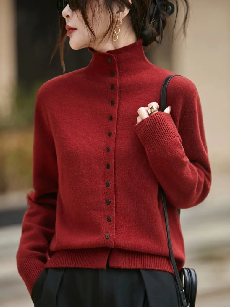 Outlet Old Money Sle f Cárdigan abierto de punto con cuello alto suéter de lana ajustado Jaet suave cálido largo Sve Faion para mujer