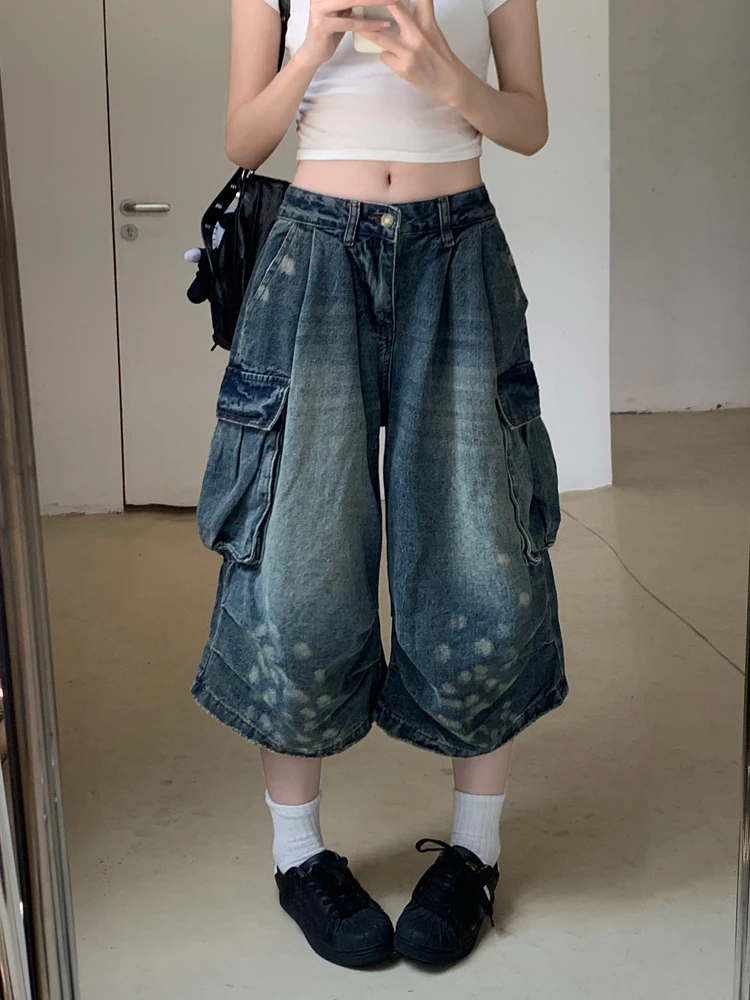 

Vintage Oversize Mid Length Jeans Women High-waisted Straight Wide-leg Baggy Denim Shorts Calf-length Ruched Trousers 2024 New