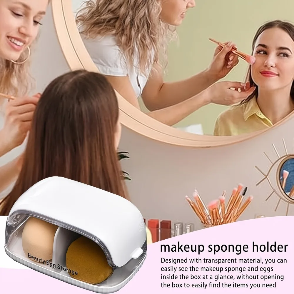 Dual Compartment Beauty Sponge Storage Box Transparent Lid Makeup Blender Holder Dustproof Divided Cosmetic Puff Organizer Case view 6