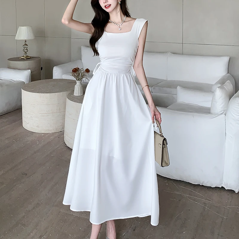 

Minimalist Women Square Collar Sleeveless Vest Dress Drawstring Slim Black White High Waist Long Dress Elegant Casual Outfits