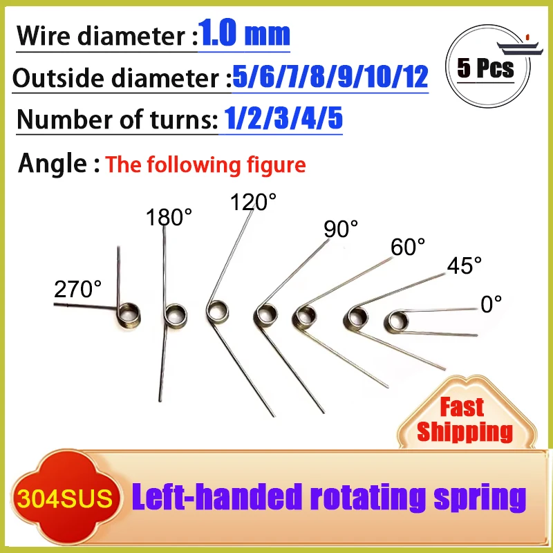 

5PCS Reset V-shaped Spring Wire diameter 1.0mm Left Rotation Spring Left Torsion Spring Return 304SUS laps1/2/3/4/5lap