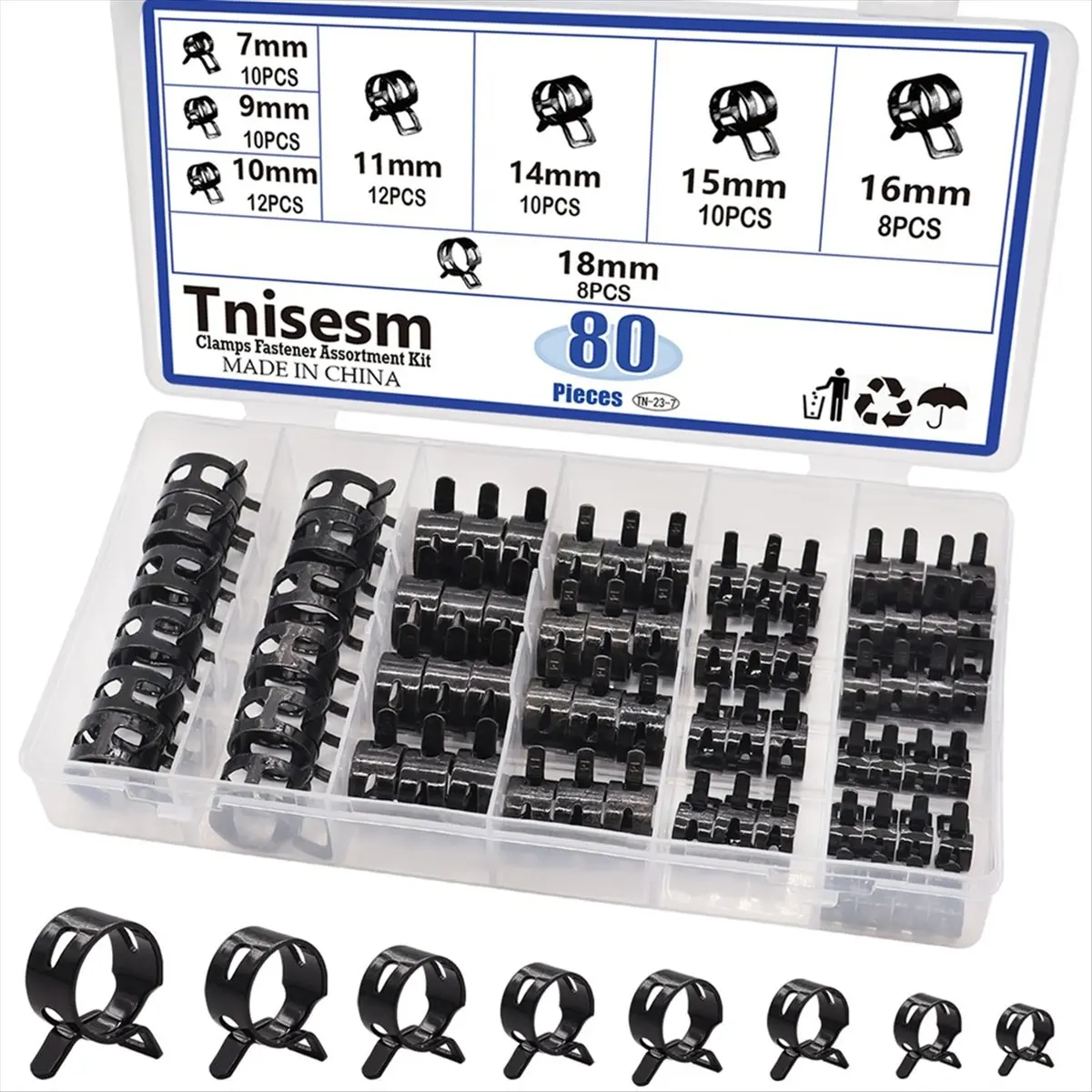 REST 80Pcs Spring Band Hose Clamps Assortment Kits Silicone Vacuum Hose Pipe Clamp 7Mm 9Mm 10Mm 11Mm 14Mm 15Mm 16Mm 18Mm