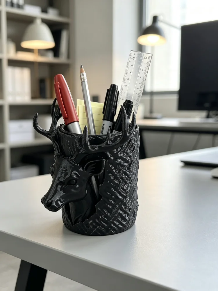 Animal Head-Shaped Pen Holder with Deer Antlers, Tree Stump and Bark Texture Sculpture, Desktop Storage Cup, Made of Thick and Durable Matte Black Petg Material, Handmade Pencil Holder, Multifunctional Desktop Pen Organizer, Office Supplies Storage Rack, Stable Base Saves Space and Keeps the Desk Tidy, Vintage Country-Style Desktop Decoration, Suitable for School Desks, Home Office, Men's Gift, Small Desktop Accessories