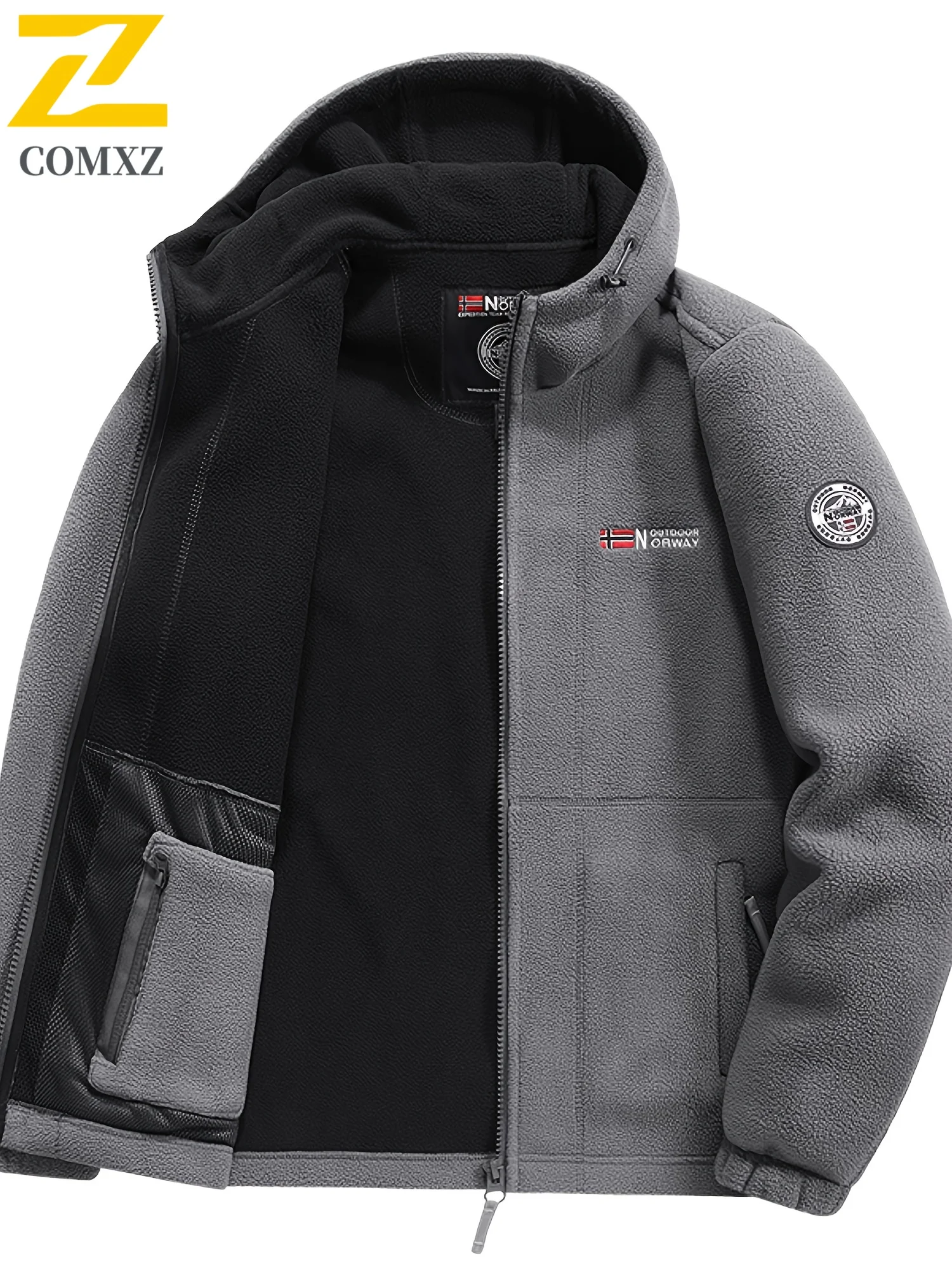 

Men's Wool Hooded Windbreaker Zippered Pockets Outdoor Sports Casual Wear Offering Warmth Comfort During Autumn Winter Coat