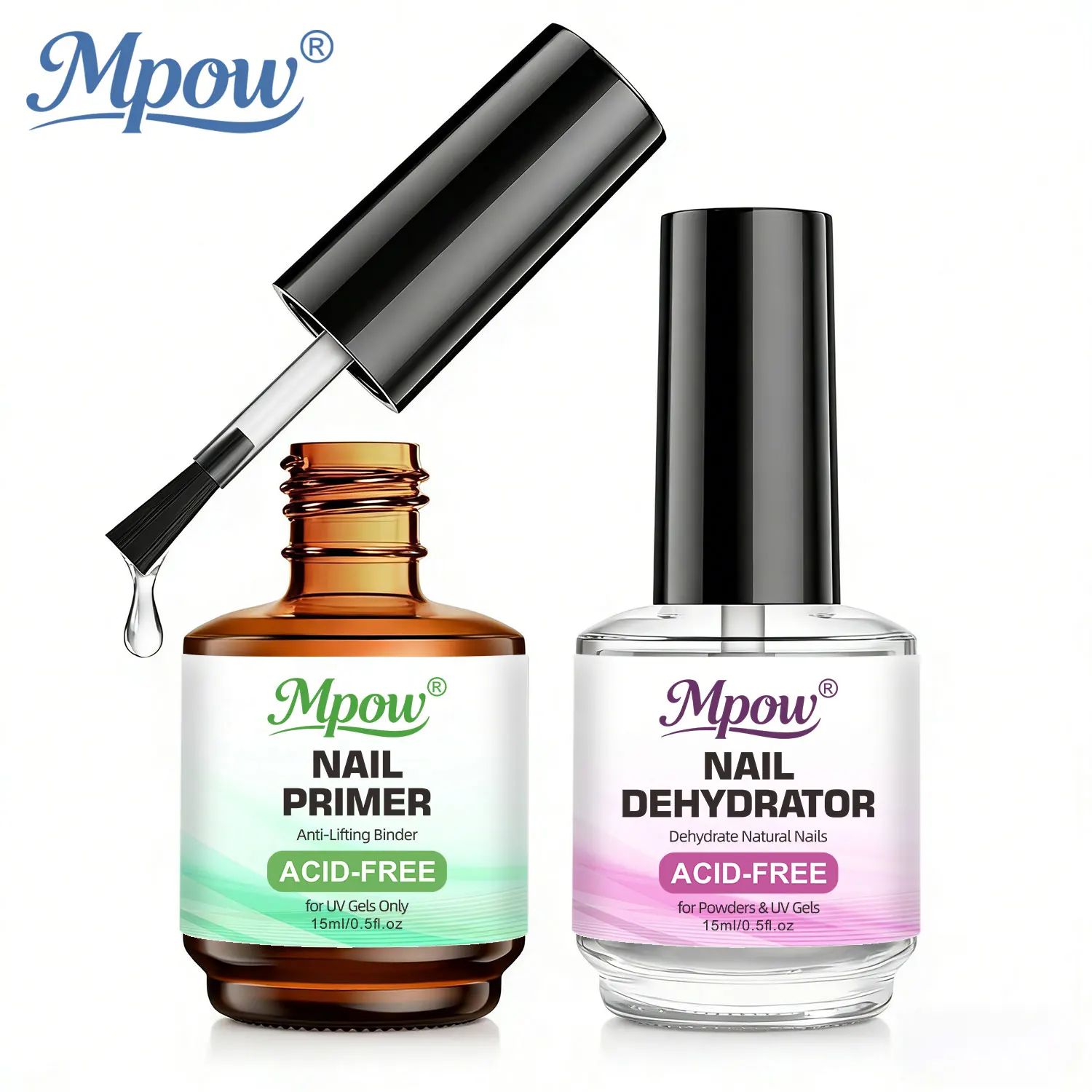 Mpow 1/2 piezas 15ml Deshidratador de Uñas y Set de Primer Sin Ácido para Esmalte en Gel, Capa Base, Herramienta de Manicura para Uñas UV LED
