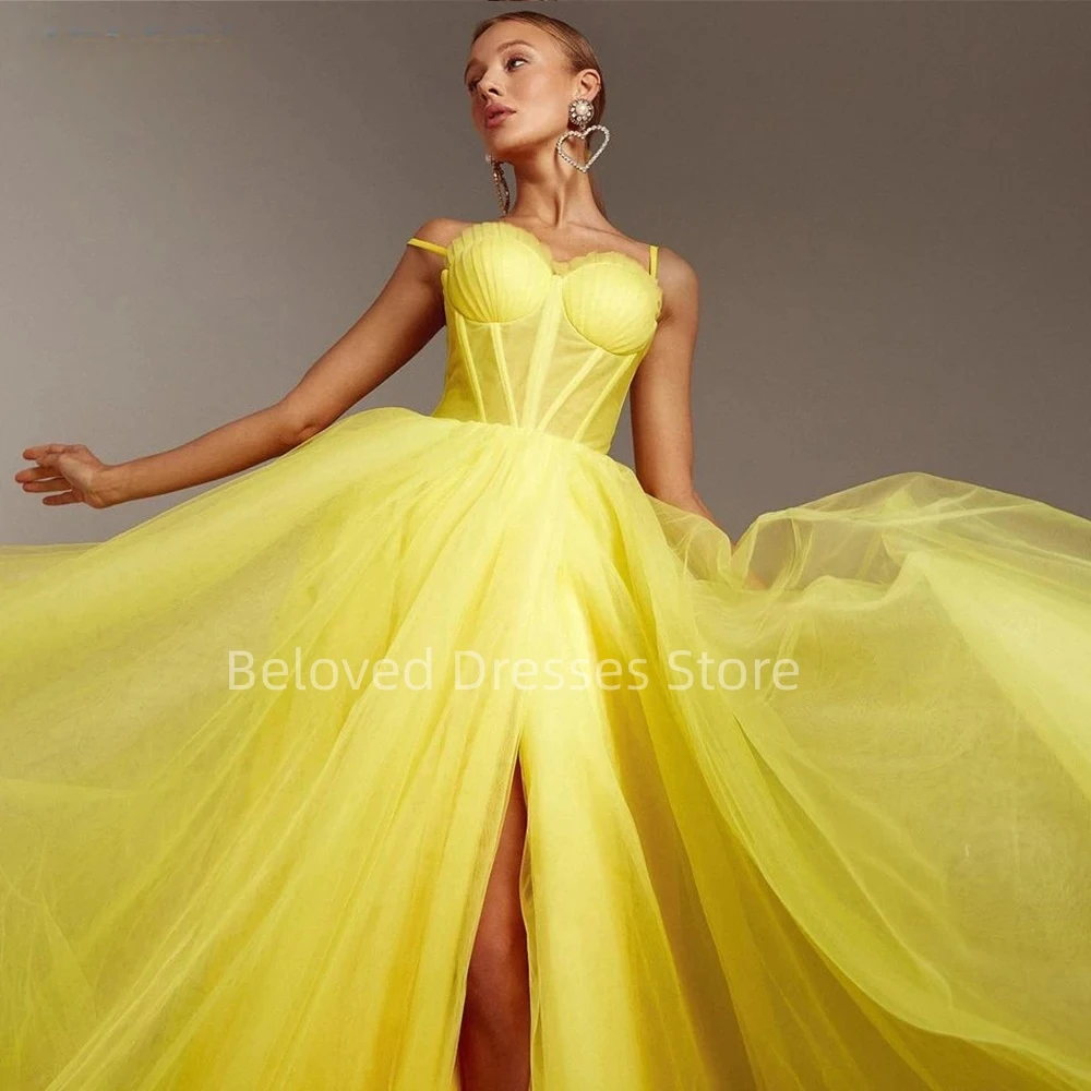 Vestido largo De tul sin mangas para mujer, traje De Noche con tirantes finos y abertura alta, color amarillo, hecho a medida, novedad