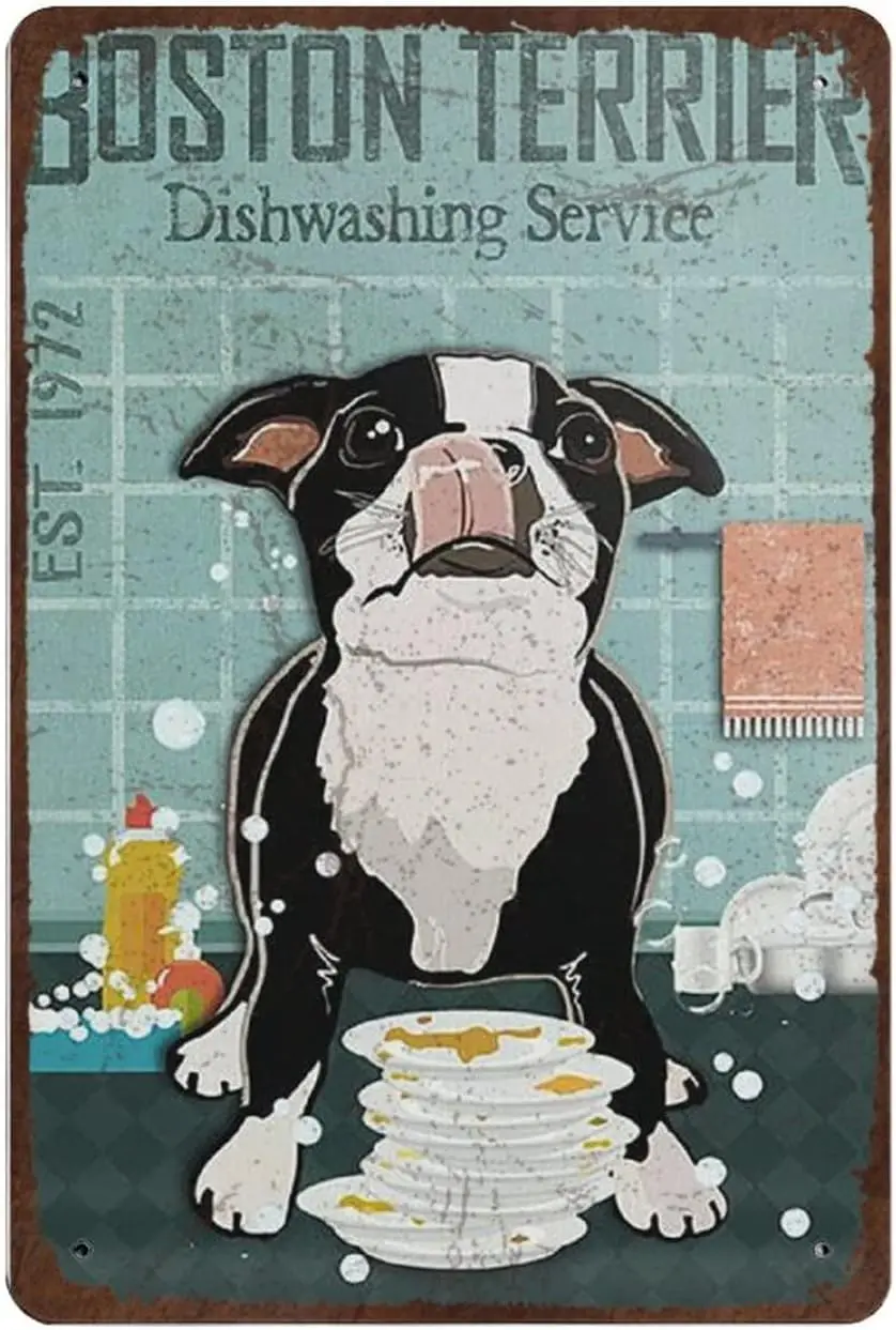 Retro Metal Tin Sign Boston Terrier Dog Dishwashing Service Poster Vintage Metal Plaque Wall Decor Gift For Bathroom Restaurant