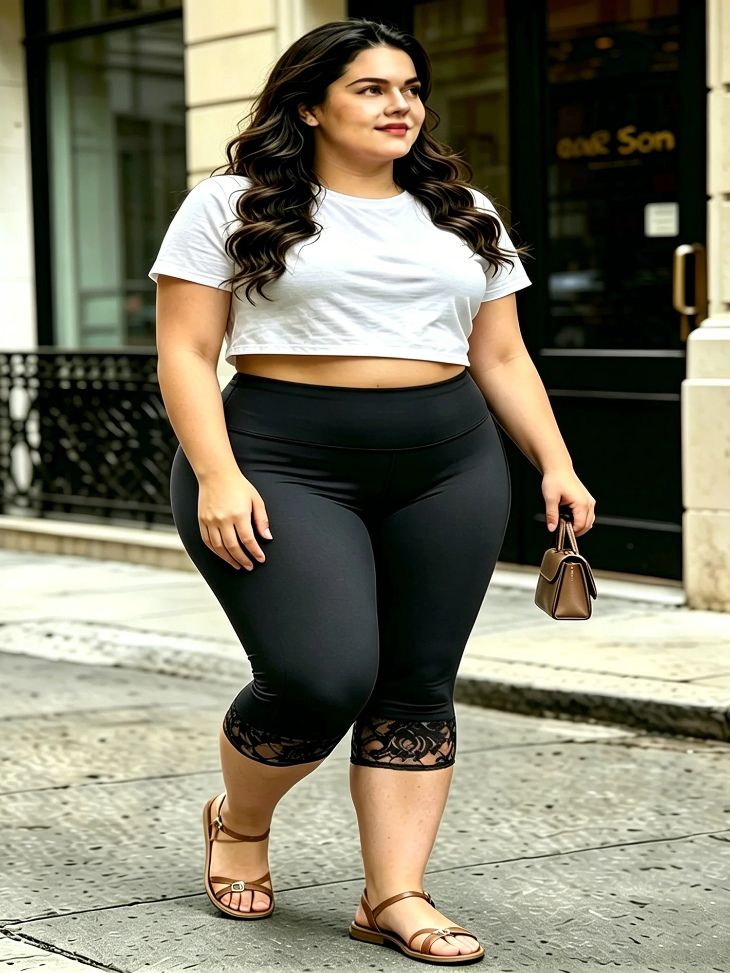 Capri Leggings Cropped Casual Daily Lace Trim Stretch Plus Size Summer Women Tight Pants view 2