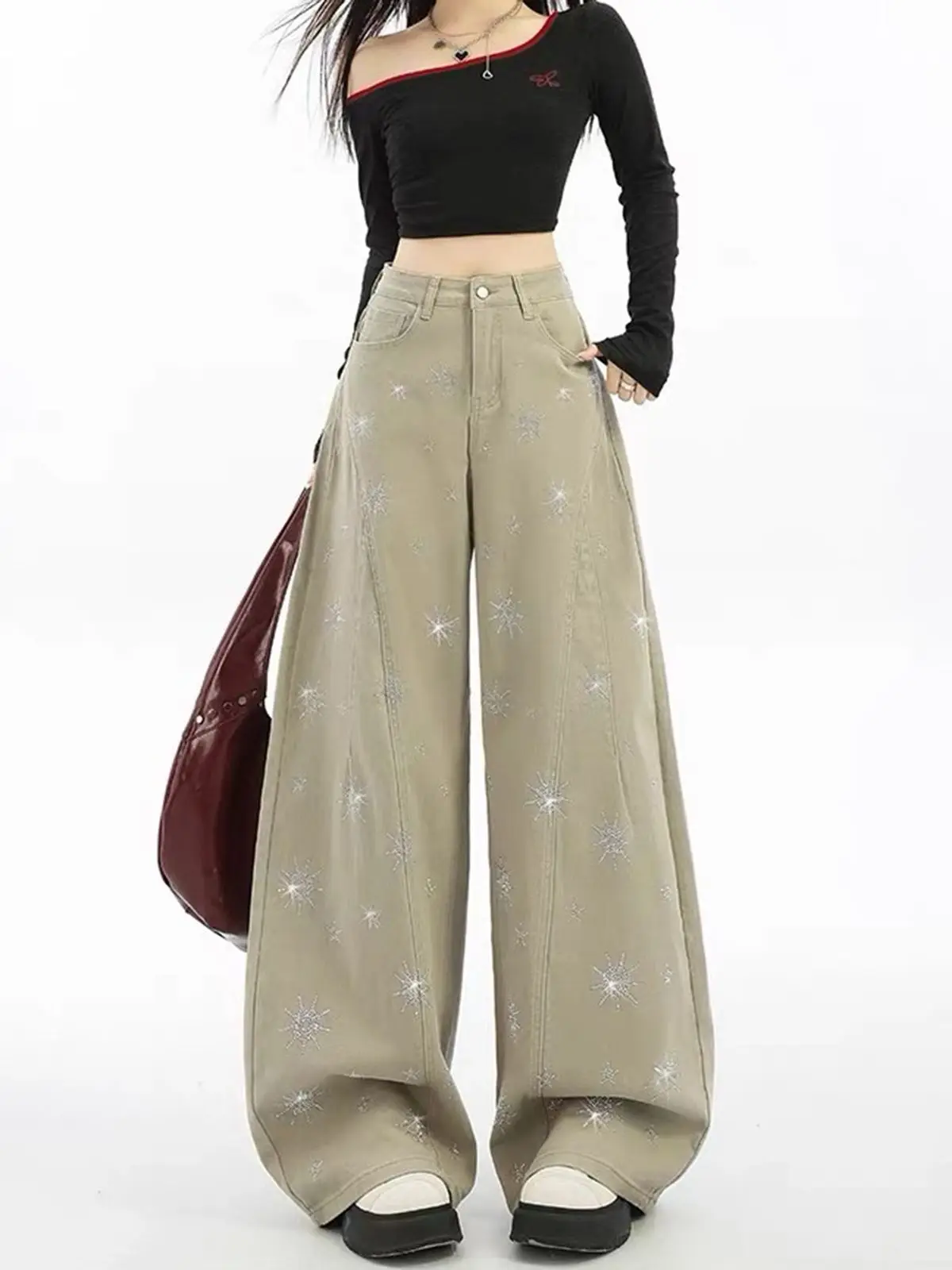 Y2K American Heavy Industries Sparkling Wide Leg Jeans Women Summer Loose Starry Sky Hot Diamond Bending Knife Pants