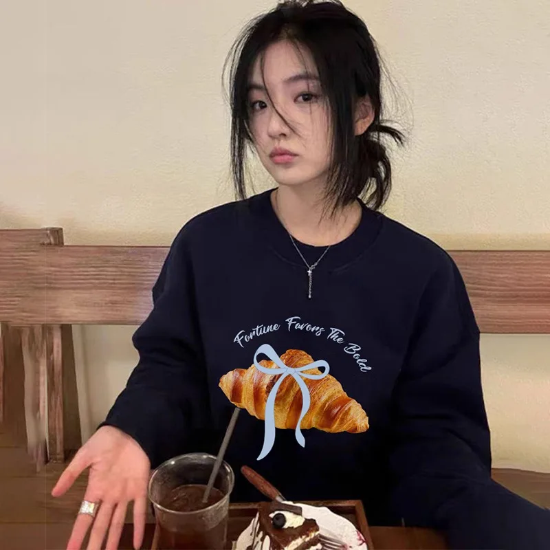 American Croissant Print Plush Sweatshirt Women Autumn 2025 New Oversize Long sleeves Hoodie Pullover Y2K Tops Ladies clothing