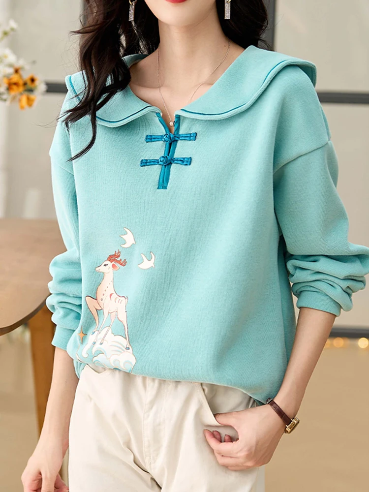 Chinese Style Thick Velvet Pullovers Loose Doll Collar Temperament Hoodie Female Sweatshirts Women Winter Warm Tops Jumper Retro