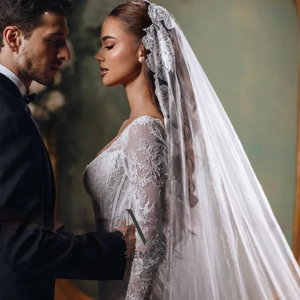 Semor Customized Mermaid Lace Wedding Dresses Illusion Long Sleeves Pearls Beaded Bridal Dress with Court Train Saudi Arabia image 4