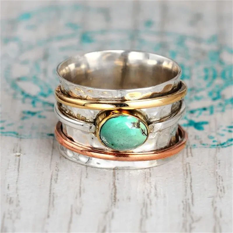 Retro Creative Sliver Turquoise Tricolor Geometric Rings For Women Jewelry 2023 New Custom Jewelry