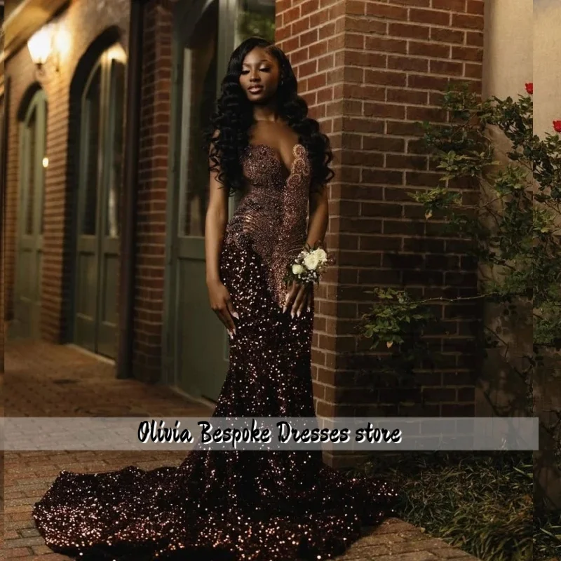 

Customized Glitter Brown Sequins Mermaid Prom Dress Black Girls Gold Diamonds Crystal Beaded Birthday Party Gown