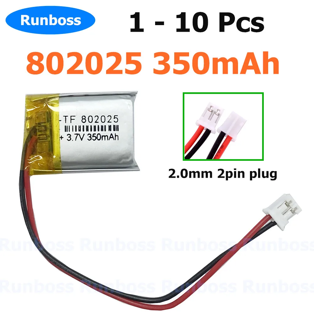 1-10Pcs 3.7V 350mAh Polymer Lithium Battery 802025 2.0mm 2pin For LED Lamp Beauty Device Camera Watch Recorder Bluetooth Speaker