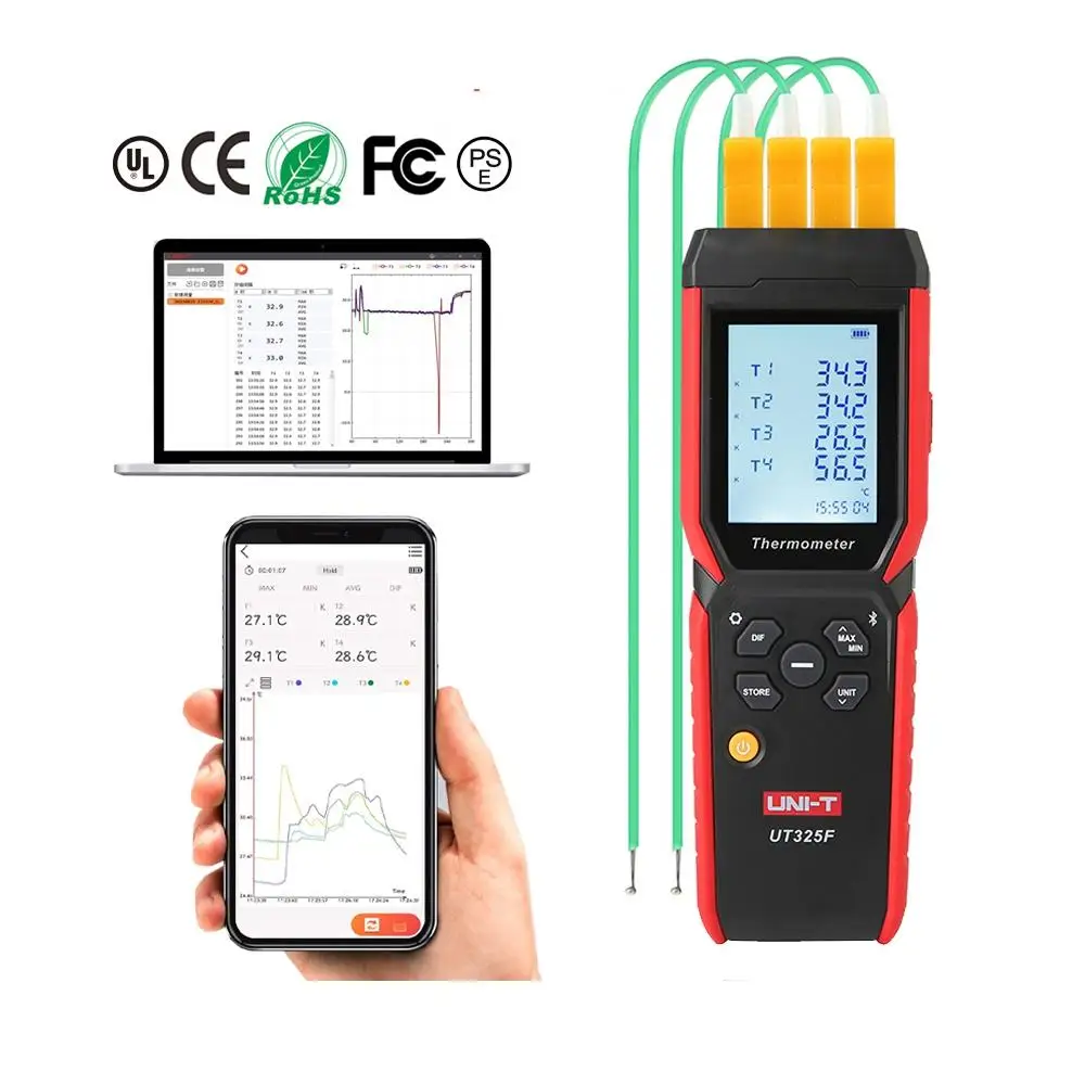 

UNI-T UT325F Four Channel Thermocouple Thermometer -50°C~1300°C K/J/T/E/R/S/N Type PC software and bluetooth APP connection
