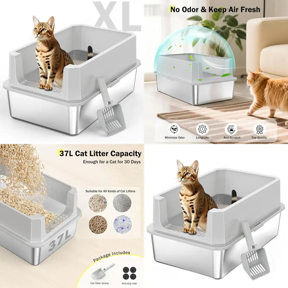

Extra Large Metal Cat Litter Box with Lid, High Sides, Anti-Leakage, Easy Clean, Non-Sticky, Scoop Included