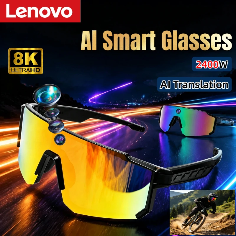 Lenovo AI Smart Glasses 8K Camera 2400W Anti-shake Cycling Video&Photo Sport Sunglasses for Men Women Windproof Goggles