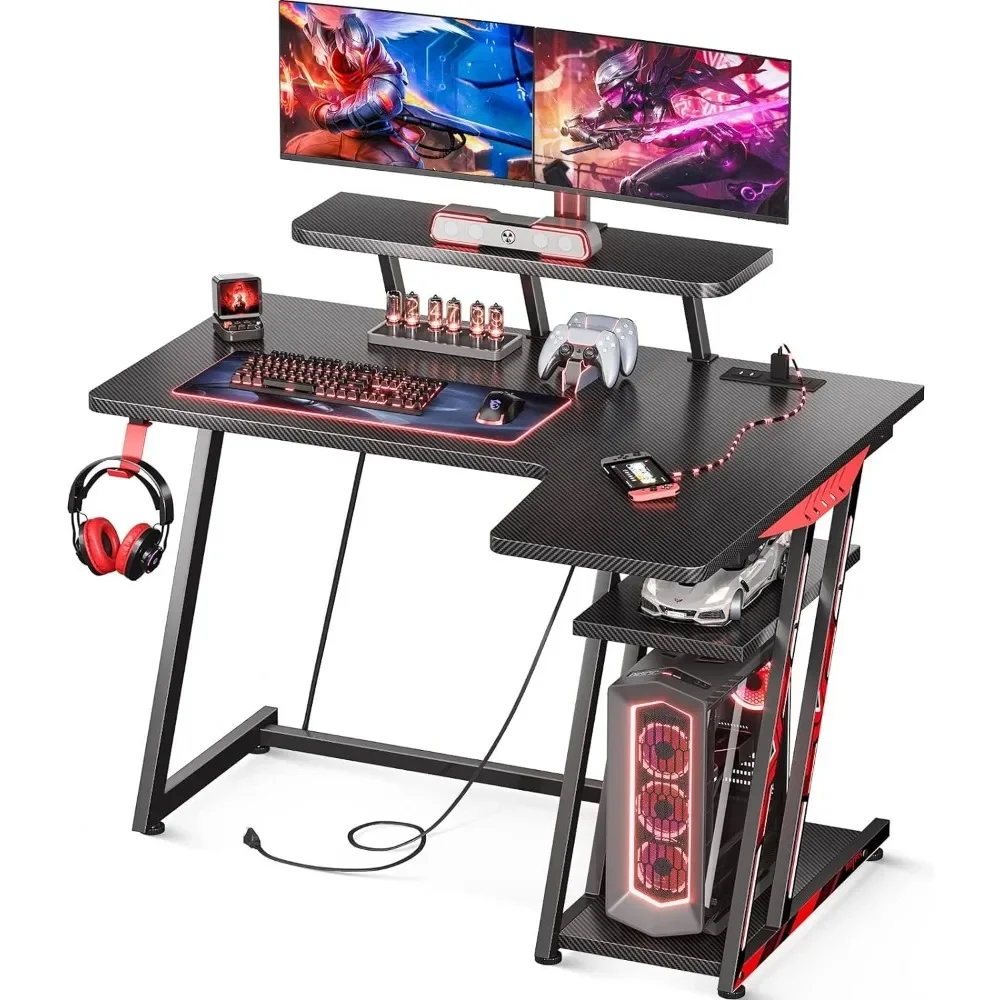 

L Shaped Gaming Desk with LED Lights, Small Corner Computer Desk 39inch with Power Outlets, Gaming Table with PC Storage Shelf