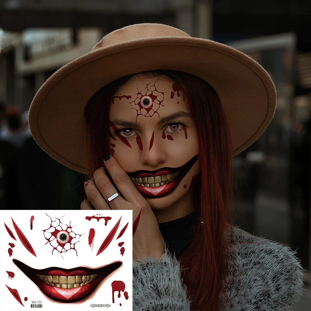 Halloween Face Makeup for Women Men Big Mouth Temporary Tattoo Stickers Disposable Funny Fake Tattoo Waterproof for Saints\' Day