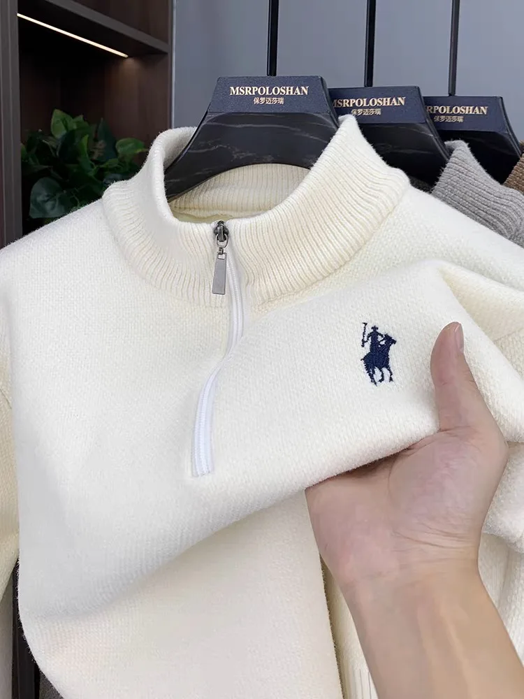 

High quality men's zipper knitted sweater winter new fashion luxury brand pony embroidery design plush warm casual Sweatshirt