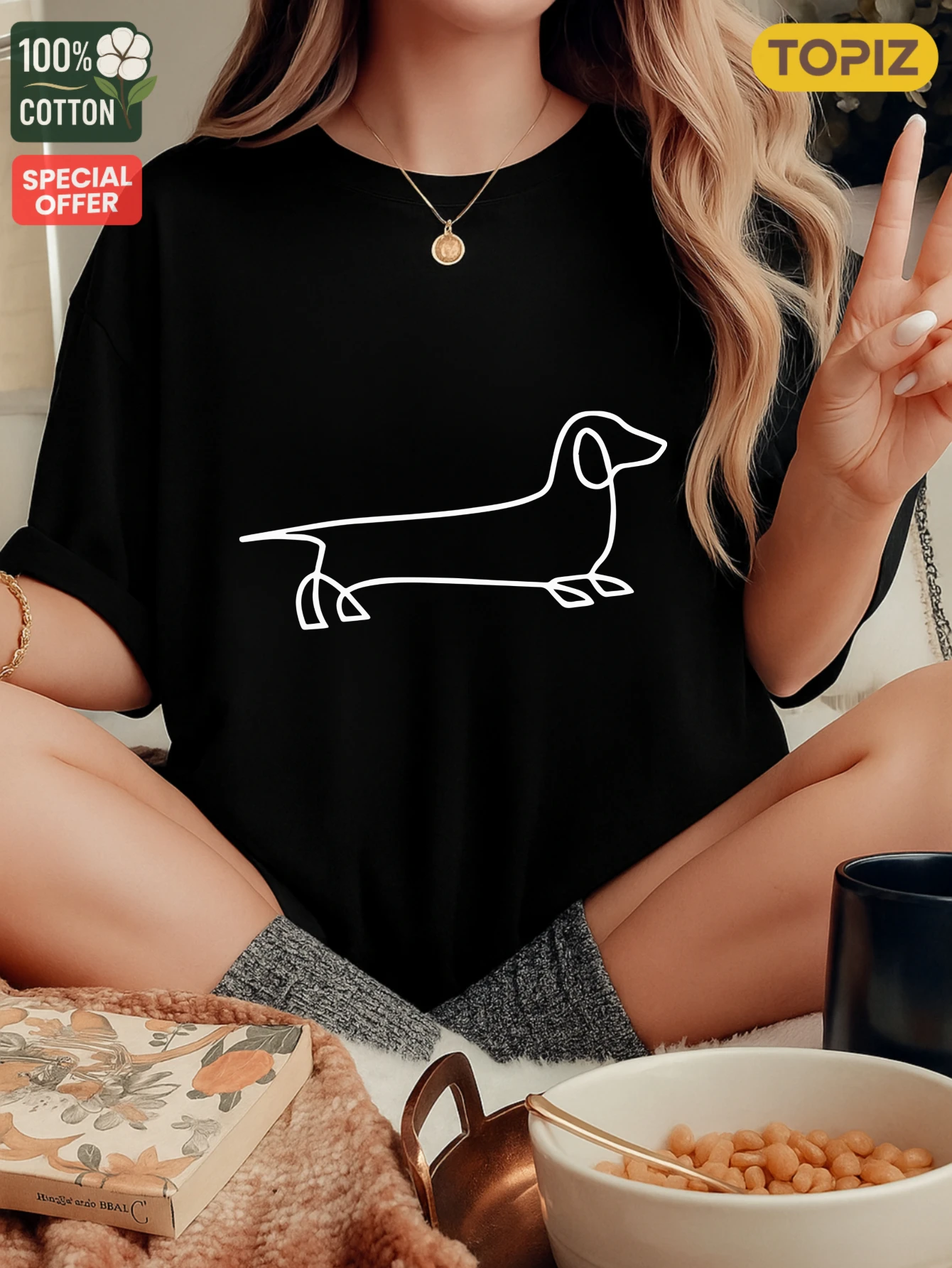 Dames T-shirt, casual top met ronde hals en korte mouwen, grafisch T-shirt, witte teckeloverzicht op zwart, 100% katoen, overhemd