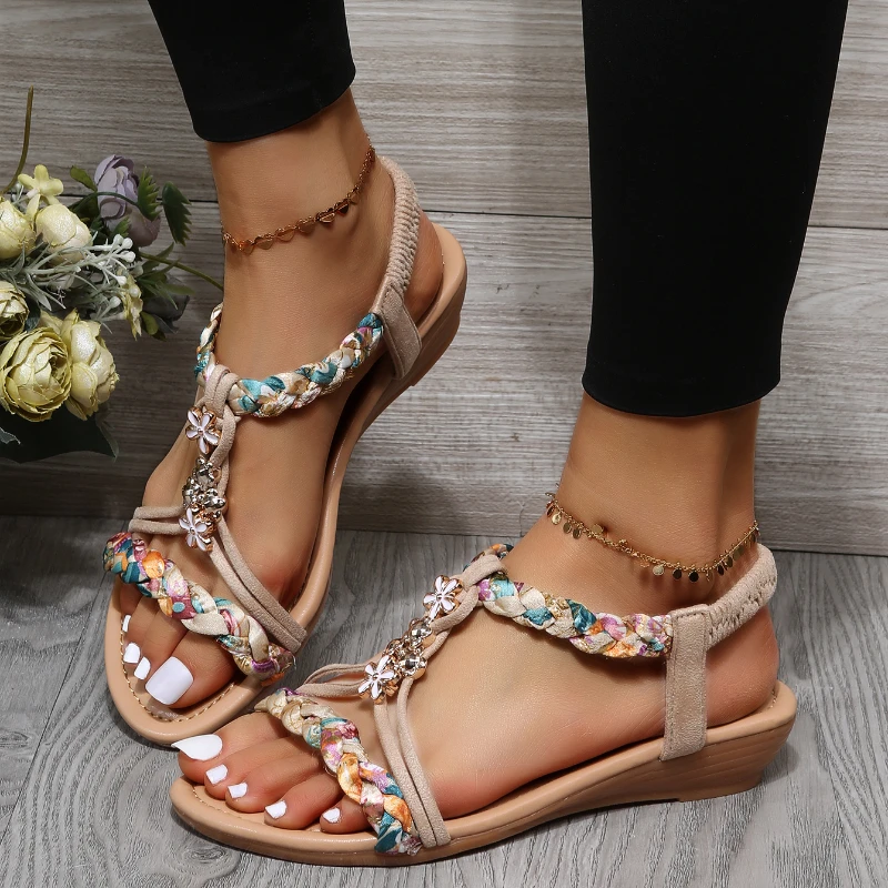 Sandals Woman Summer 2023 Fashion Comfortable Weave Slippers Beach Bohemian Slides Ladies Flats Sandals Rome Shoes for Women