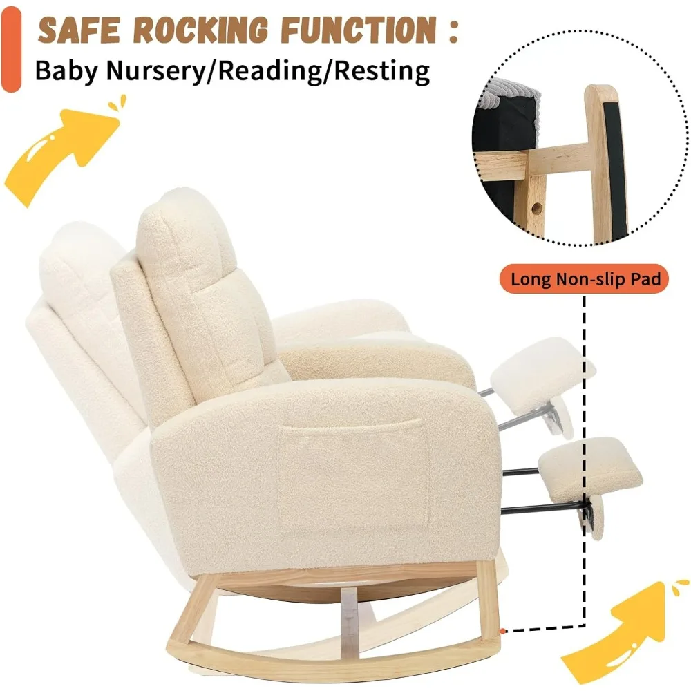 Kursi Goyang Pembibitan Modern, Kursi Goyang Berlapis Teddy Dengan Pijakan Kaki, Kursi Rocker Nyaman Dengan Saku Samping, Rocker C