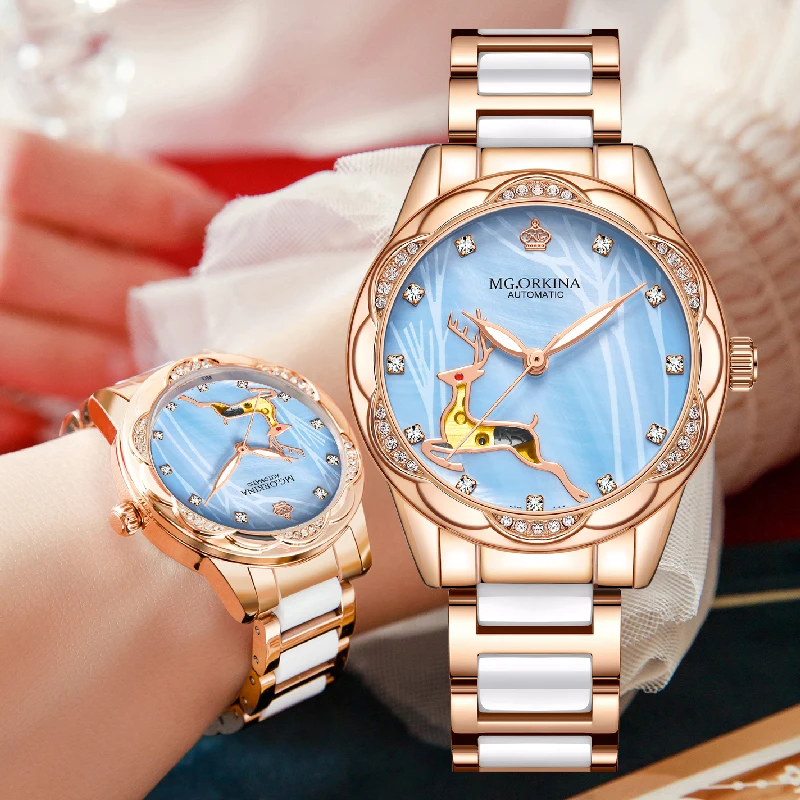 Aesthetic Automatic Women Watch Mother of Pearl Open Heart Dial with Deer Accent Mechanical Ladies Dress Wristwatch Ceramic Band