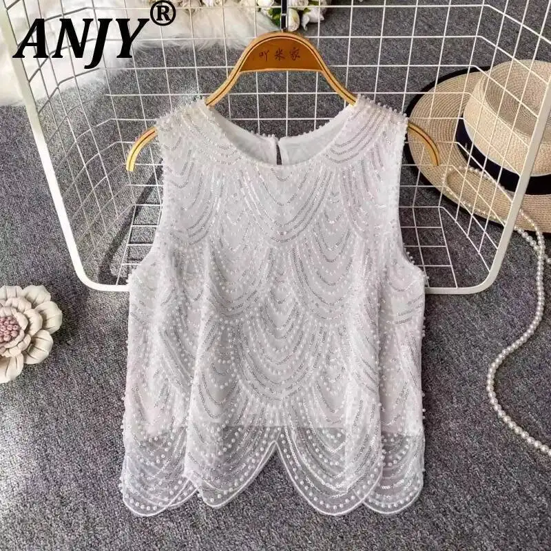 

ANJY Summer New Women Heavy Embroidered Flares Sequins Design Sleeveless Tank Top Elegant Fashion Casual O-Neck Mesh Vest A23928
